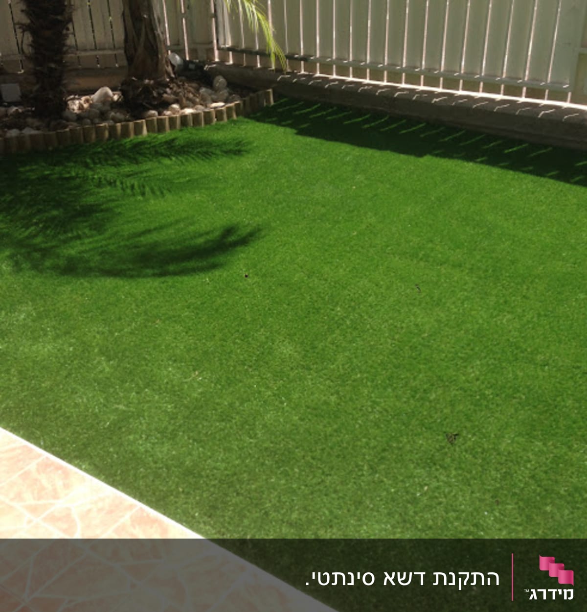 דשא סינתטי עם עצי דקל ואבנים מסביב